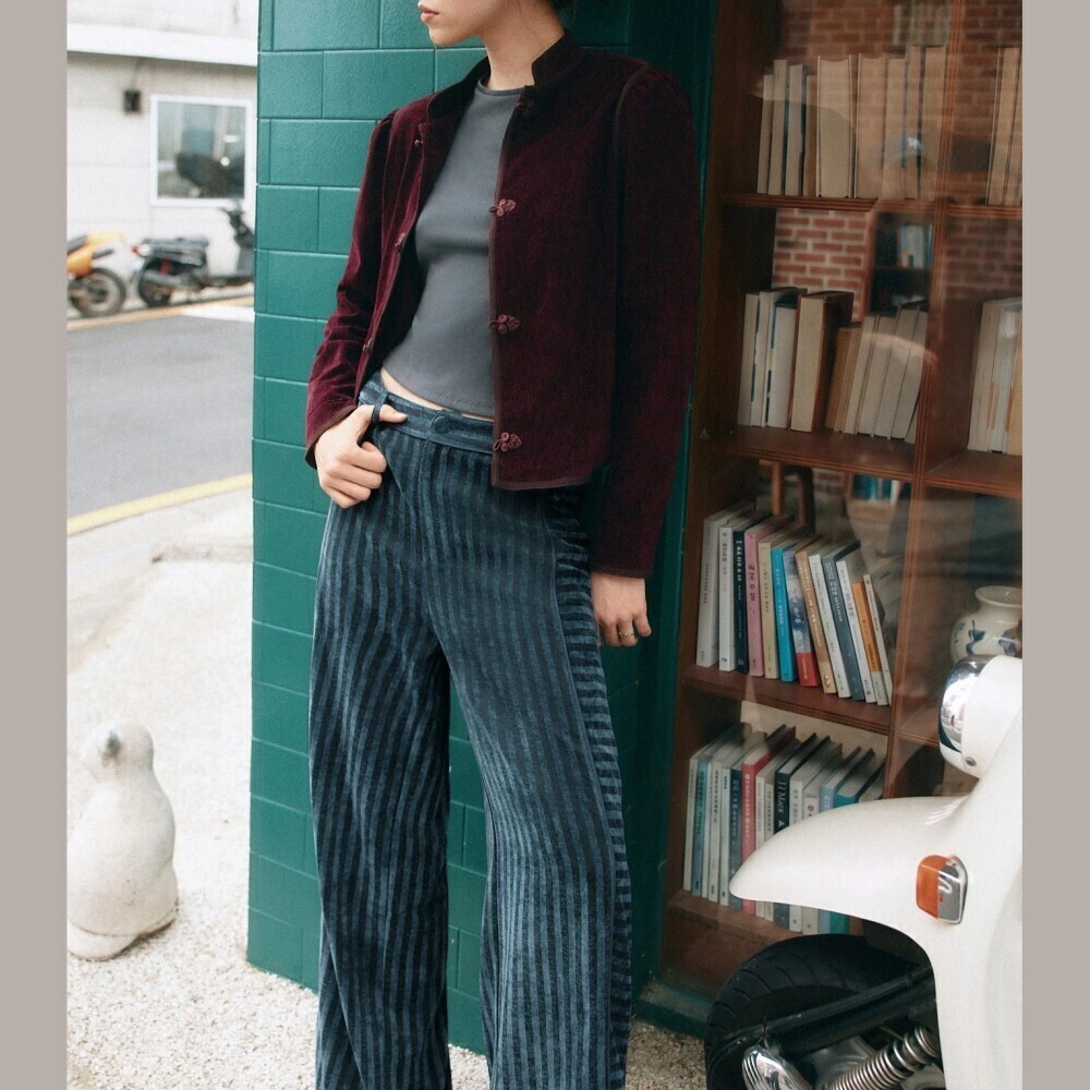 Navy Blue Striped Velvet High Waist Wide Leg Trousers - Picture 8 of 8